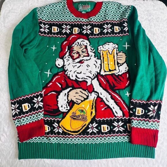 Ugly Christmas light up Green Drinking Santa Beer Mug Knit Pullover Sweater XL - Picture 1 of 7